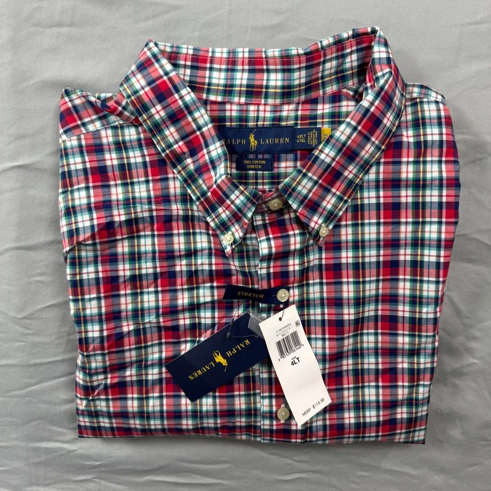 NWT Polo Ralph Lauren Mens 4XLT Plaid Button Down Shirt Red Cotton Stretch $110